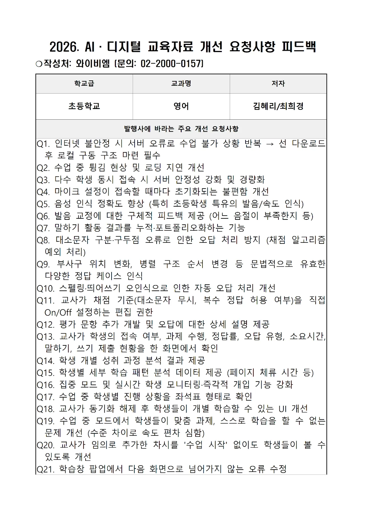 '와이비엠' 초등 영어 문서 1쪽
