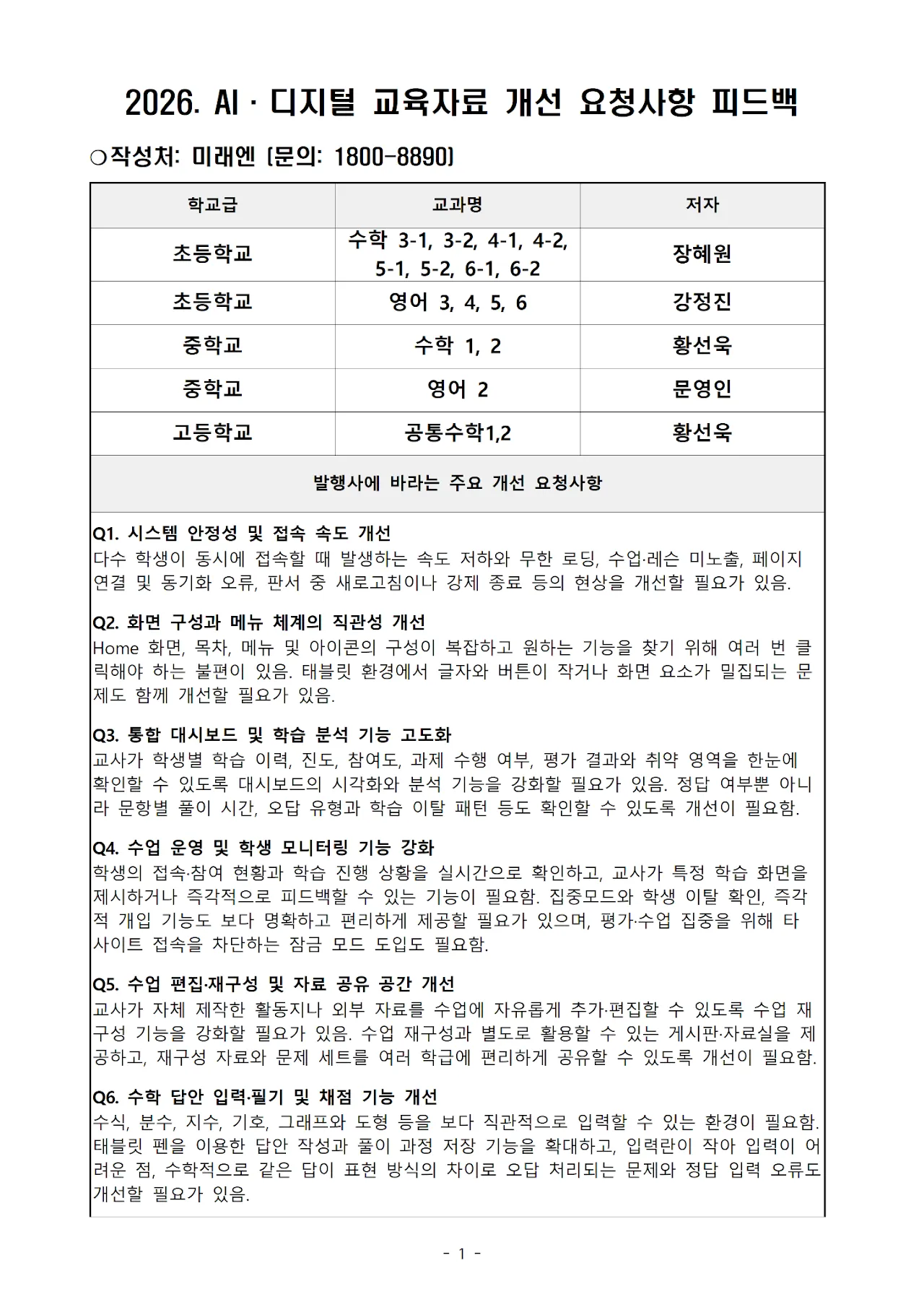 '미래엔' 초등(수학·영어), 중등(수학·영어), 고등(수학) 문서 1쪽